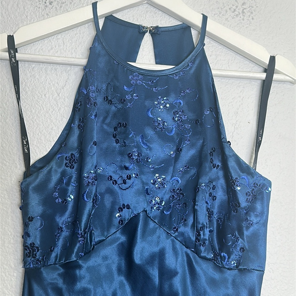 Zum Zum Teal Satin Halter Sequin Maxi Long Dress Womens Size 7/8 Vintage Prom - Picture 5 of 10